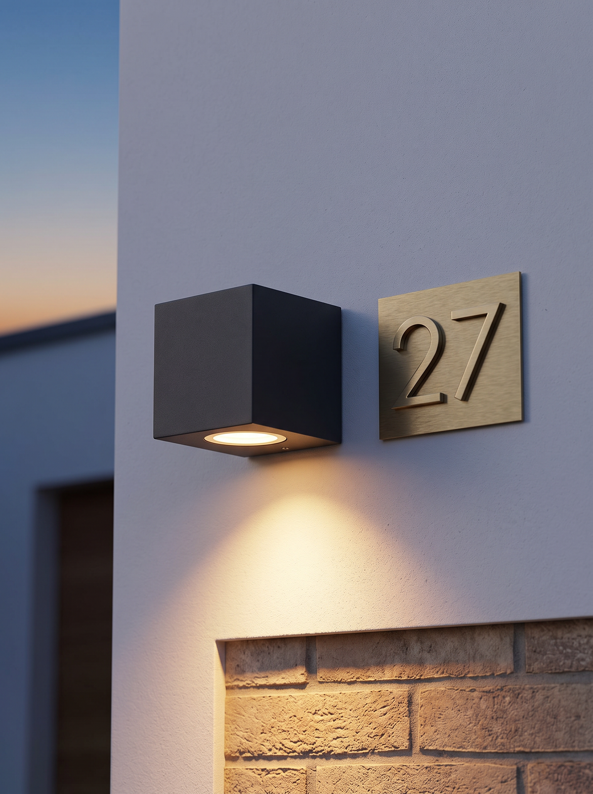 Dovra Square Outdoor Wall Light - scale shot mounted beside brushed brass house number plaque on rendered facade at dusk, warm downward glow