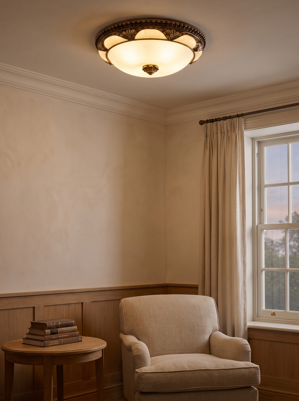 Epora Antique Brass Ceiling Light - warm lifestyle shot glowing 2700K in a quiet-luxury period sitting room with linen armchair, oak side table and dusk sash window
