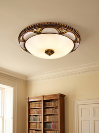 Epora Antique Brass Ceiling Light - scale shot in period residential library showing fixture mounted on corniced plaster ceiling above bookcase and Georgian doorframe