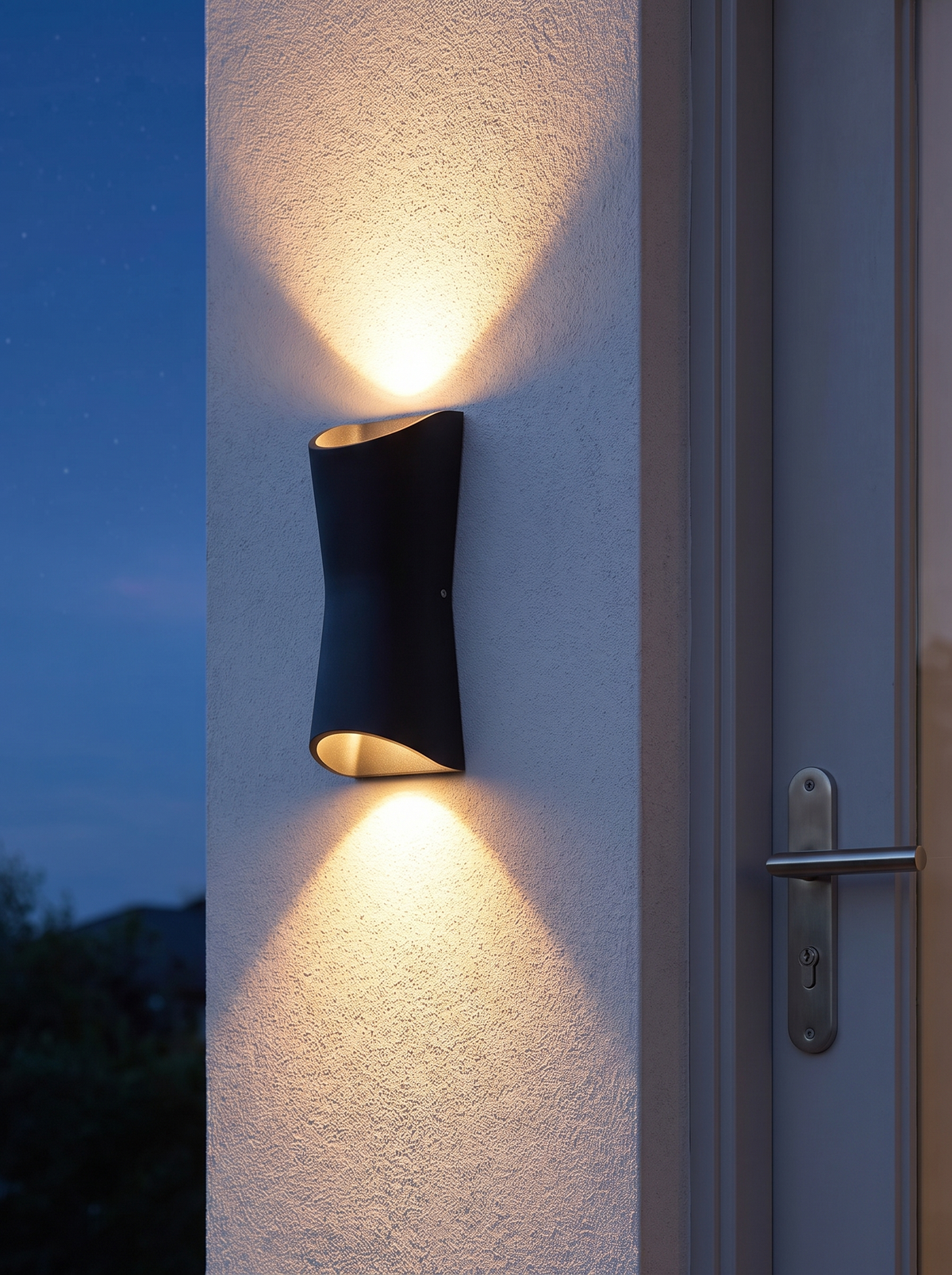 Kestro Torch Outdoor Wall Light - scale shot at dusk on rendered exterior wall beside door handle showing twin warm up/down light beams