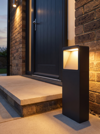 Leyo Pedestal Path Light - scale shot beside front doorstep at dusk showing 35cm height