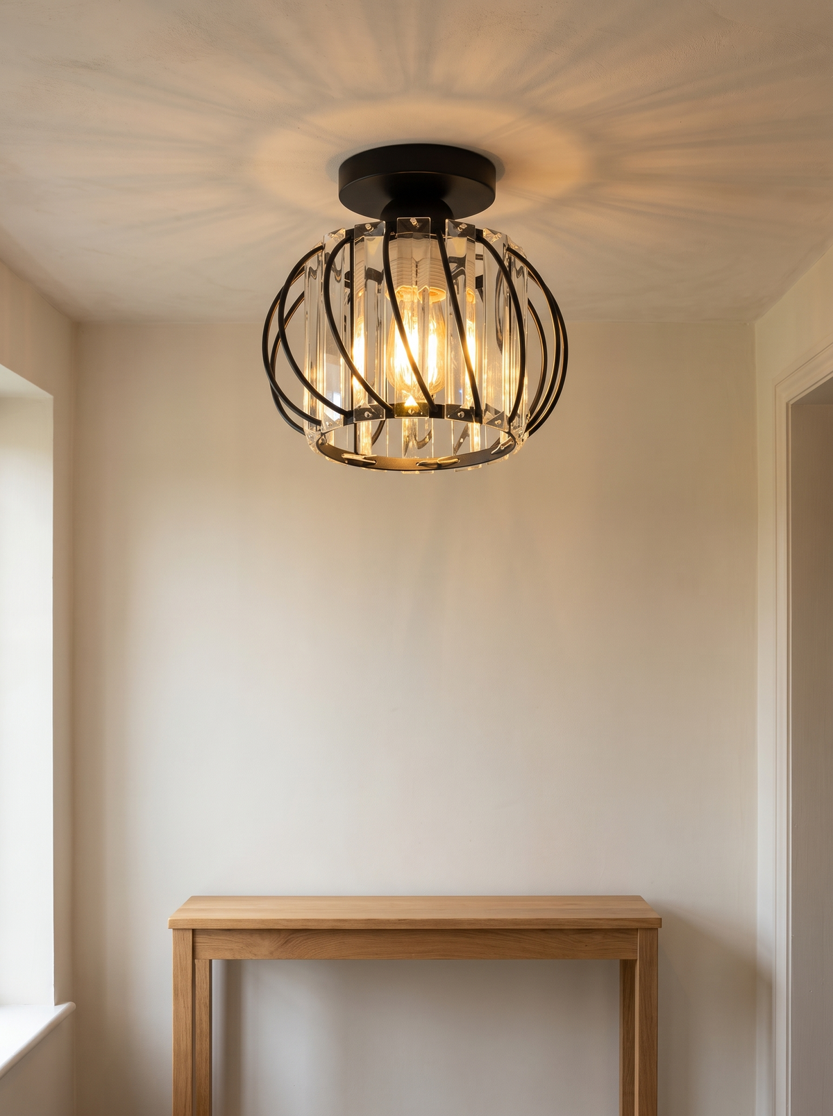 Relia Compact Ceiling Light - warm lifestyle in cream UK hallway with oak console