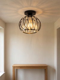 Relia Compact Ceiling Light - warm lifestyle in cream UK hallway with oak console