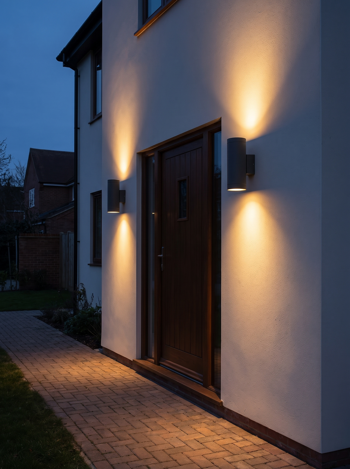 Tovi Twin-Beam Outdoor Wall Light - dusk lifestyle flanking front door with warm twin-beam glow