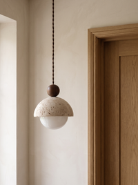 Vairo Travertine Dome Pendant Light - scale reference beside oak doorframe