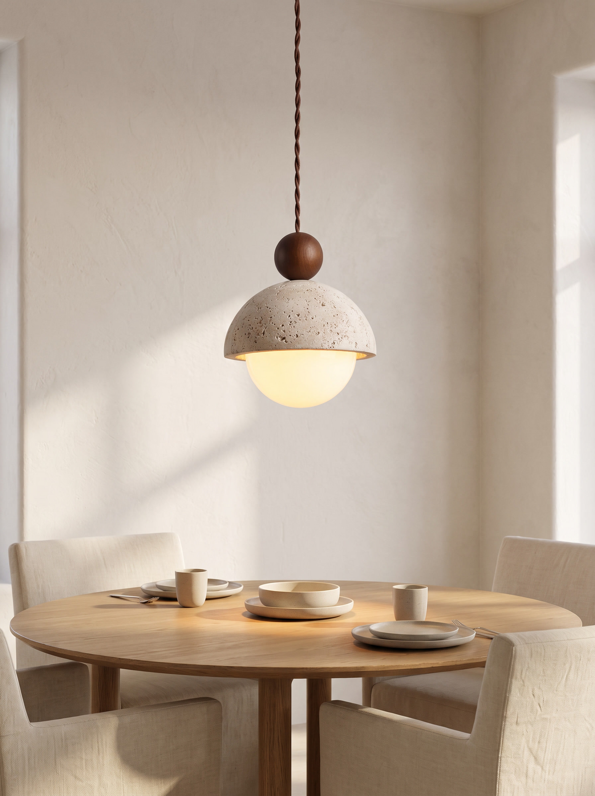 Vairo Travertine Dome Pendant Light - warm lifestyle above oak dining table