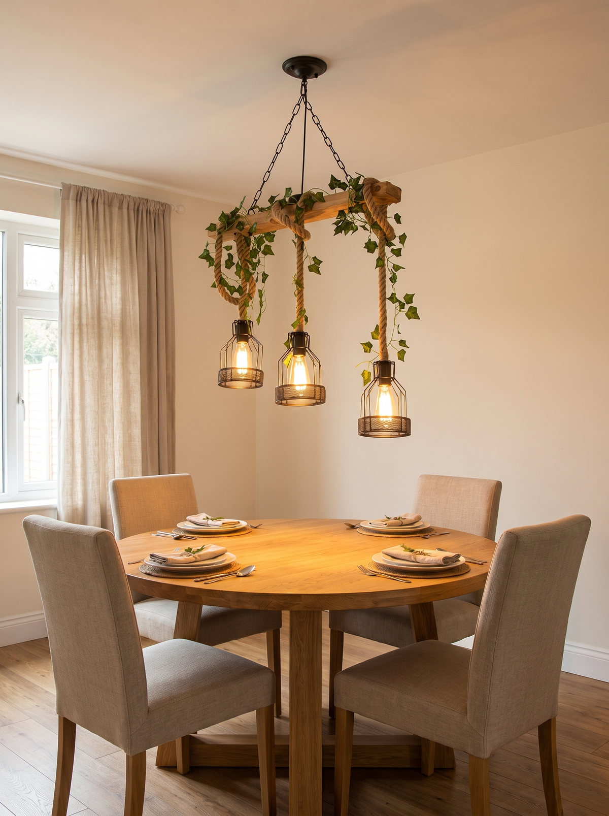 Verdow Wood Beam Pendant Light - lifestyle above round oak dining table with linen chairs in cream UK dining room, warm Edison glow