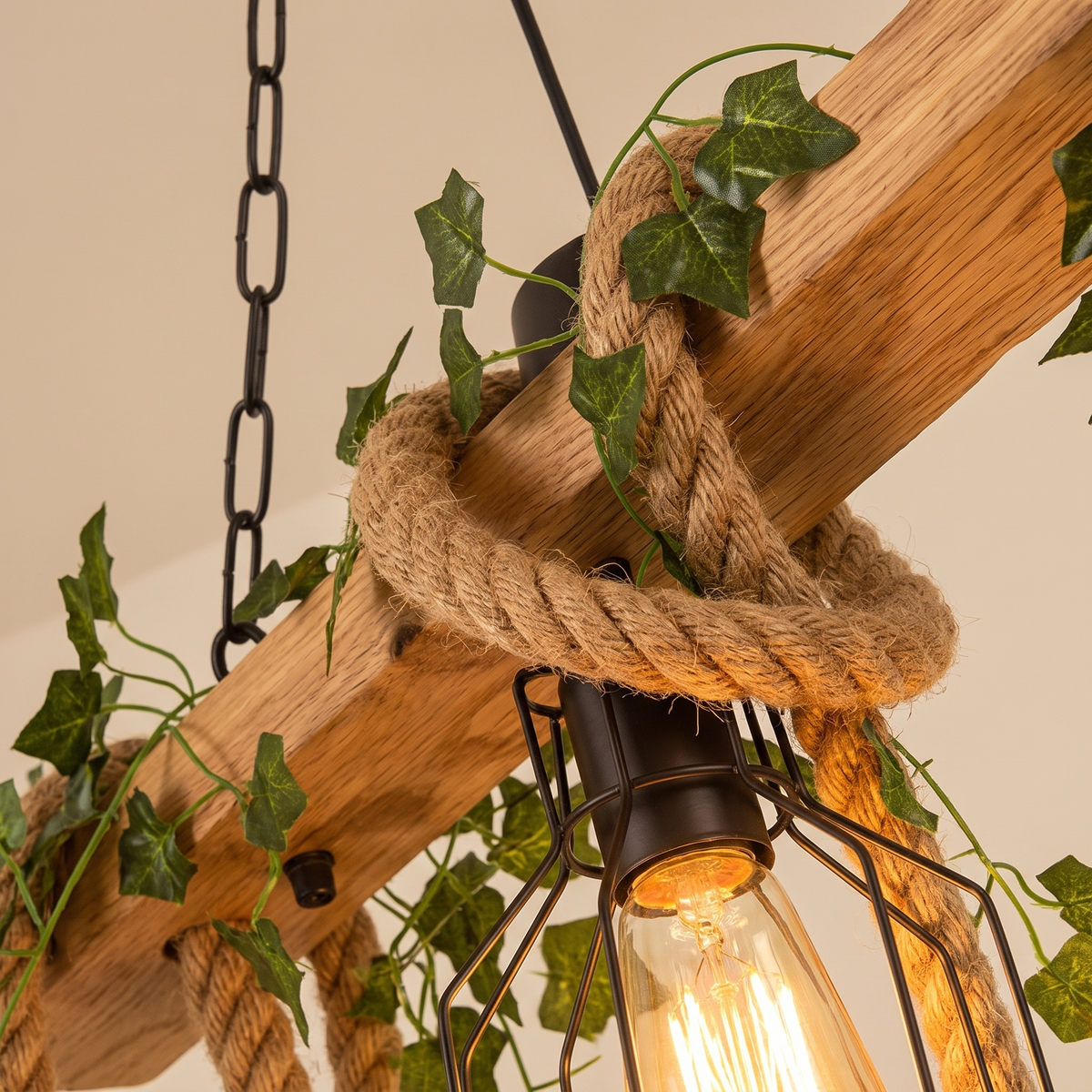 Verdow Wood Beam Pendant Light - macro close-up of rope-wrapped oak beam and wire cage lantern with warm Edison glow