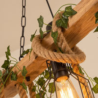 Verdow Wood Beam Pendant Light - macro close-up of rope-wrapped oak beam and wire cage lantern with warm Edison glow