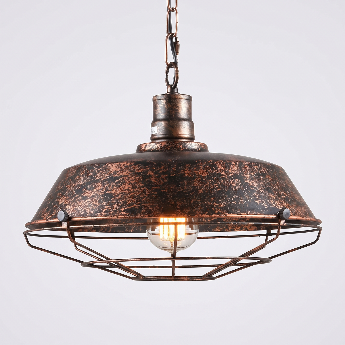 Vorden Industrial Cage Pendant Light in rustic copper-rust finish, plain background