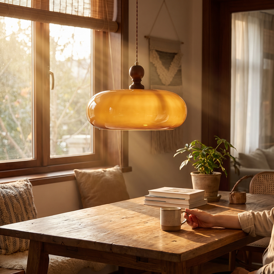 Halvo Amber Glass Walnut Pendant Light