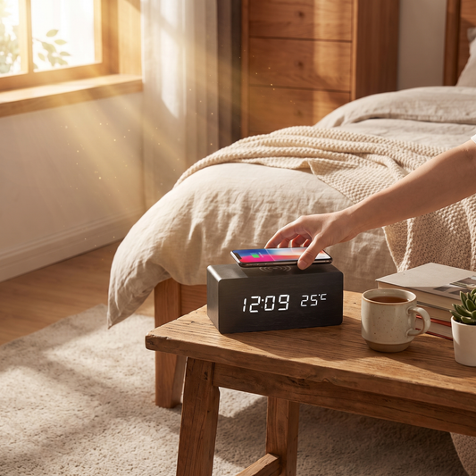 Wood LED Alarm Clock with Wireless Charger