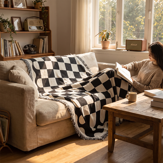 Chequerboard Tasselled Sofa Cover