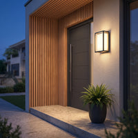 Ilia LED wall light on a garden wall at night