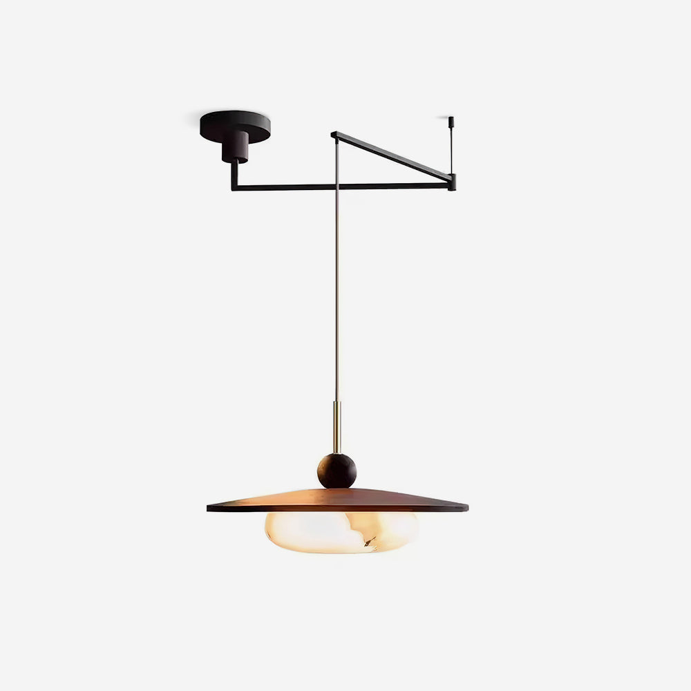 Turlo swing-arm pendant light on a plain white background, walnut disc shade over a white imitation alabaster diffuser with a black cantilever ceiling arm