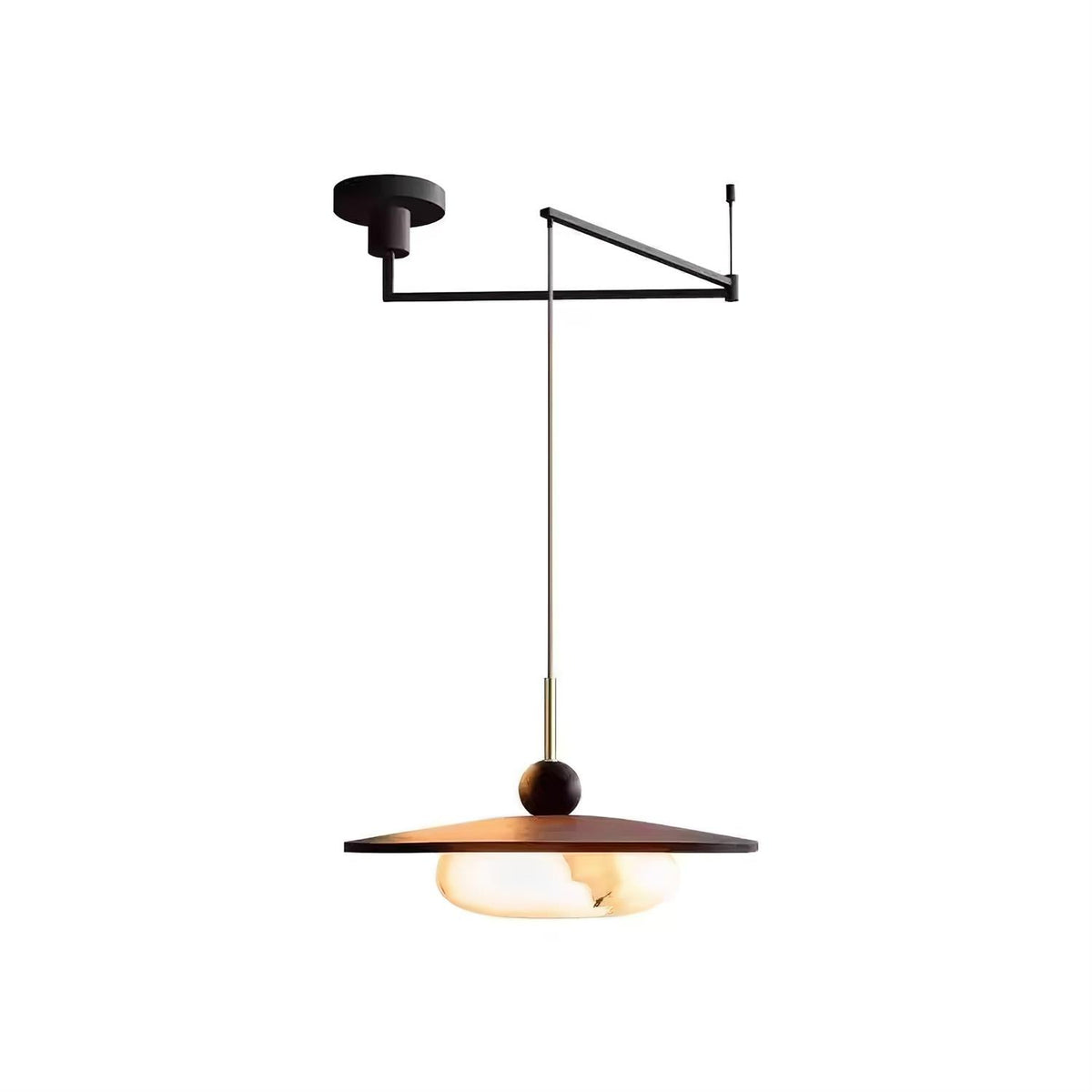 Turlo pendant light shown with a longer suspension drop, black swing arm extending from the ceiling plate
