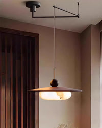 Turlo pendant light in a corner of a room beside a dark timber door, arm reaching out from the ceiling