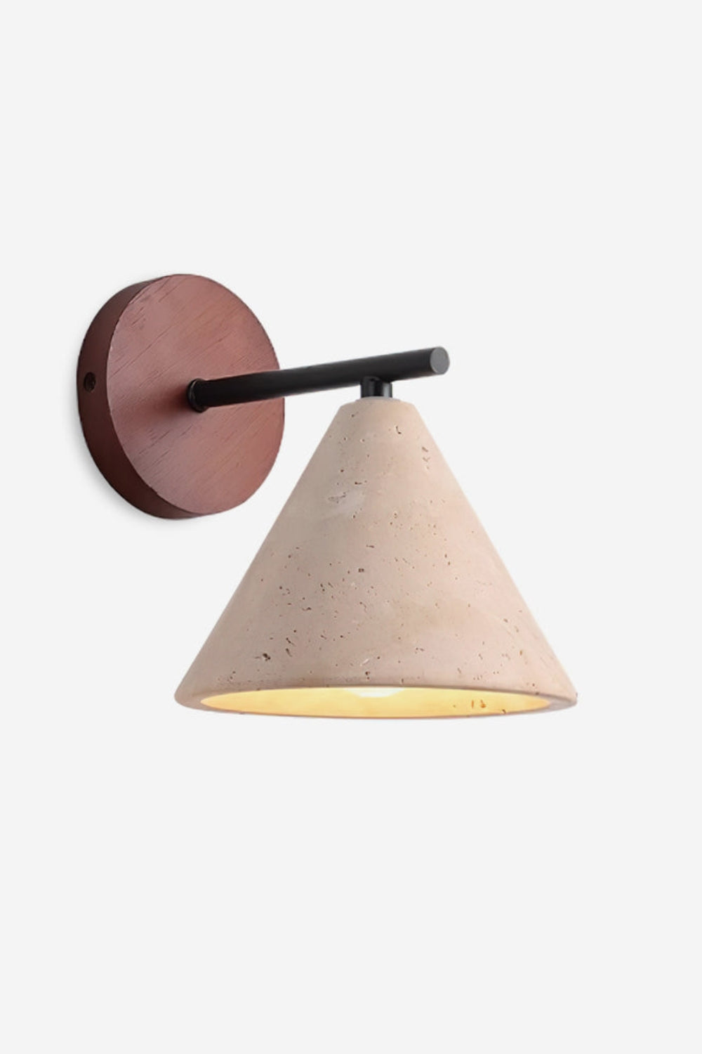 Marlo tapered travertine wall light with walnut backplate and black arm on a plain background