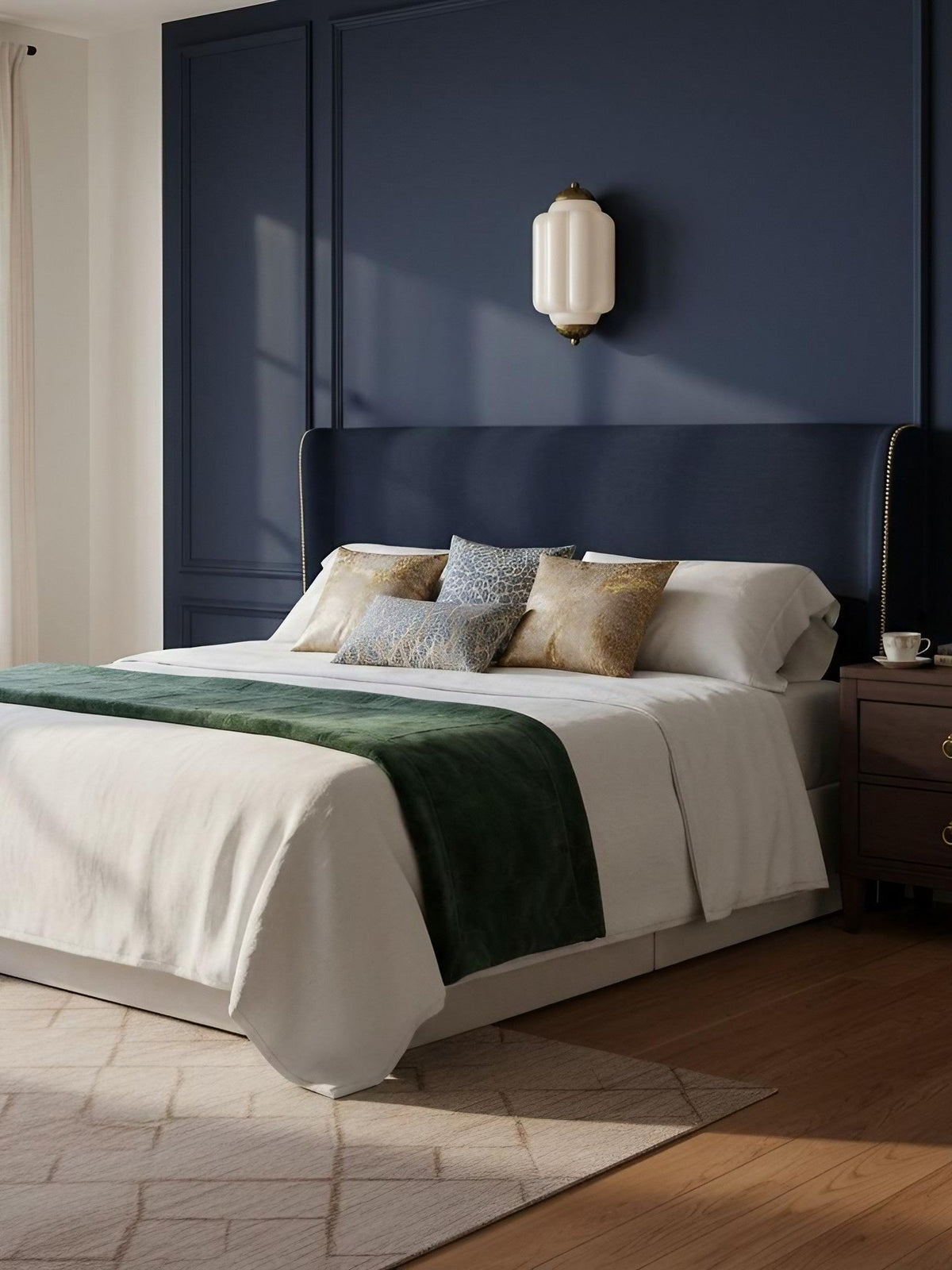 Faro Flush Milk Glass Wall Light on a navy panelled bedroom wall above the bed