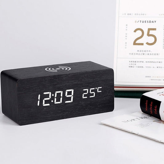 Wood LED Alarm Clock with Wireless Charger