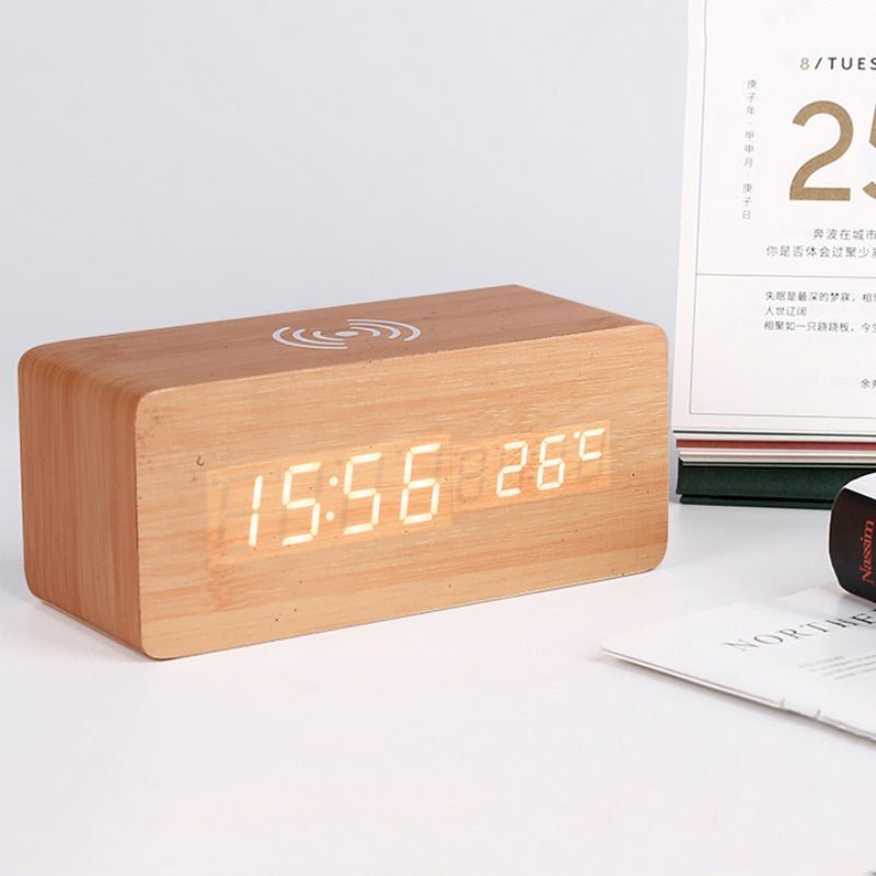 Wood LED Alarm Clock with Wireless Charger