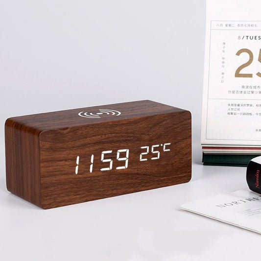 Wood LED Alarm Clock with Wireless Charger