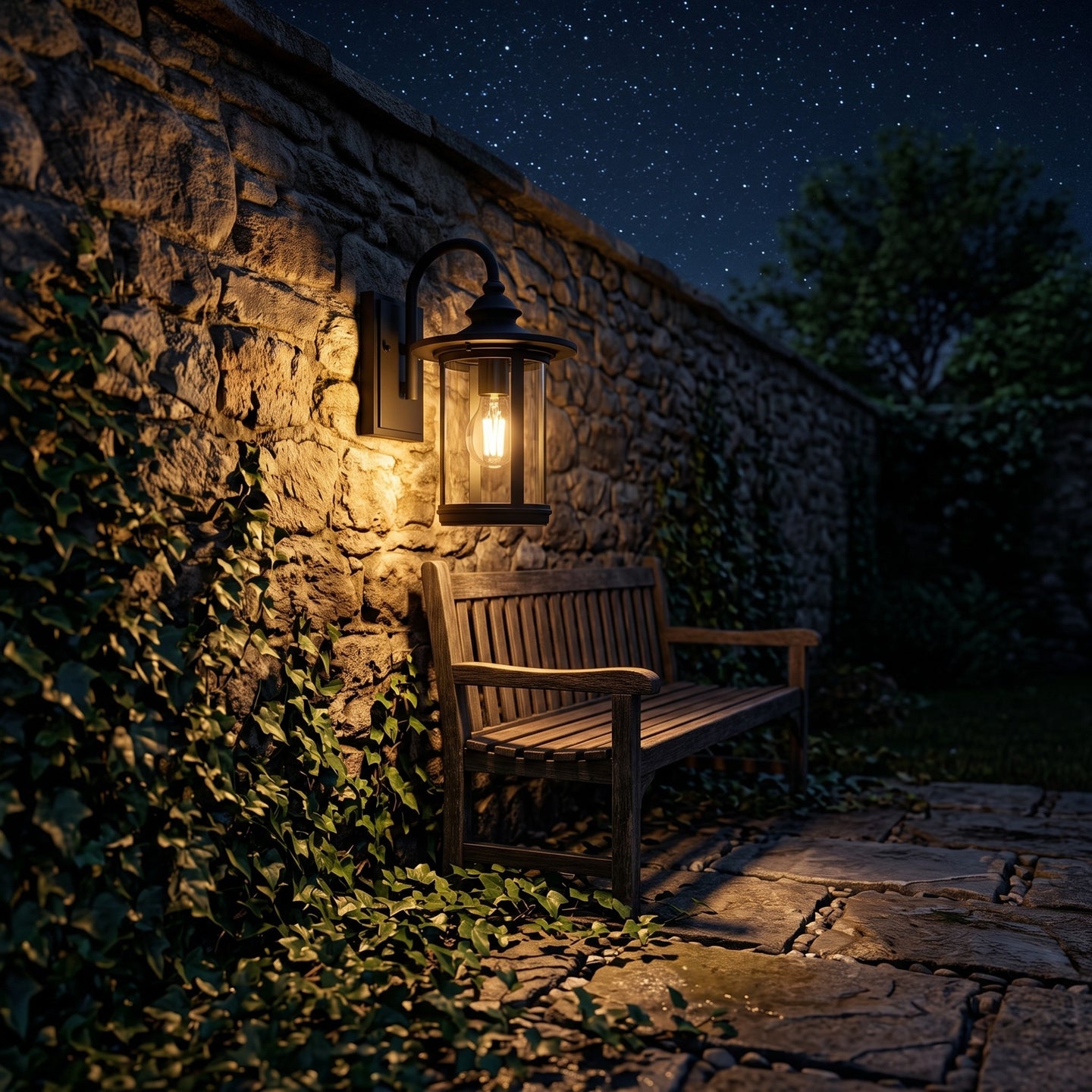 Zaya lantern on a garden wall at night